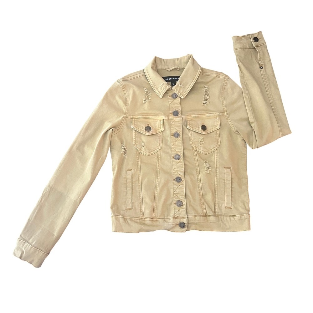 Ashley Mason Womens Distressed Denim Jacket Tan Khaki Size M (1056)